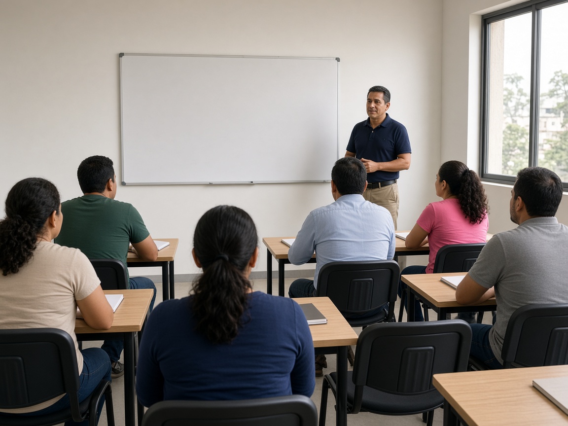 Grupo de adultos en un aula clara, con el tablero en blanco, durante una sesión de formación