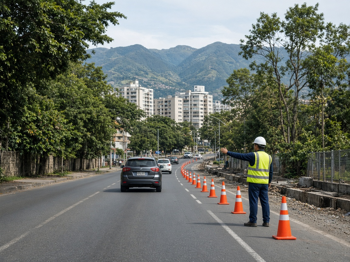 Trabajador con casco y chaleco liso dirige el tránsito junto a conos en una vía con cerros al fondo