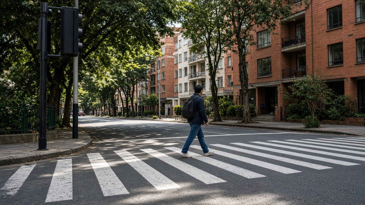 Persona cruza una cebra en una avenida arbolada de una ciudad